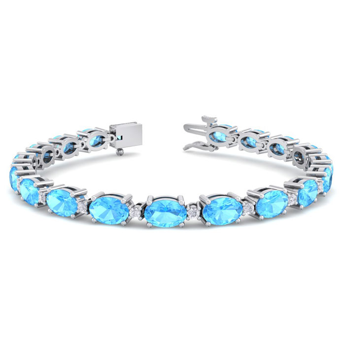 11 Carat Oval Shape Blue Topaz & Diamond Bracelet in 14K White Gold (9.60 g), 7 Inches,  by SuperJeweler