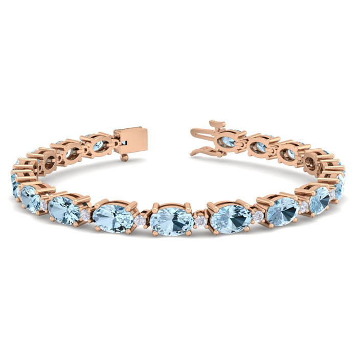9 Carat Oval Shape Aquamarine & Diamond Bracelet in 14K Rose Gold (9.60 g), 7 Inches,  by SuperJeweler