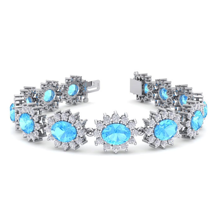 24 Carat Oval Shape Blue Topaz & Halo Diamond Bracelet in 14K White Gold (20 g), 7 Inches,  by SuperJeweler