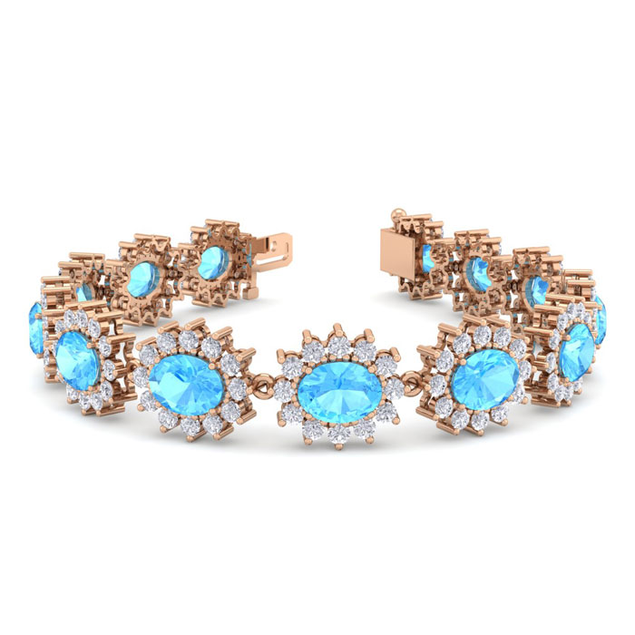 24 Carat Oval Shape Blue Topaz & Halo Diamond Bracelet in 14K Rose Gold (20 g), 7 Inches,  by SuperJeweler