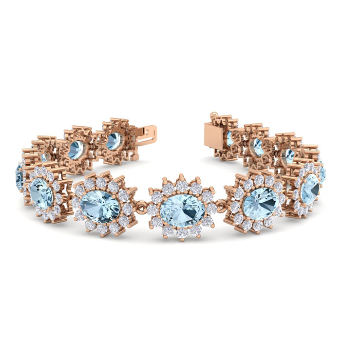 19 Carat Oval Shape Aquamarine & Halo Diamond Bracelet in 14K Rose Gold (20 g), 7 Inches,  by SuperJeweler