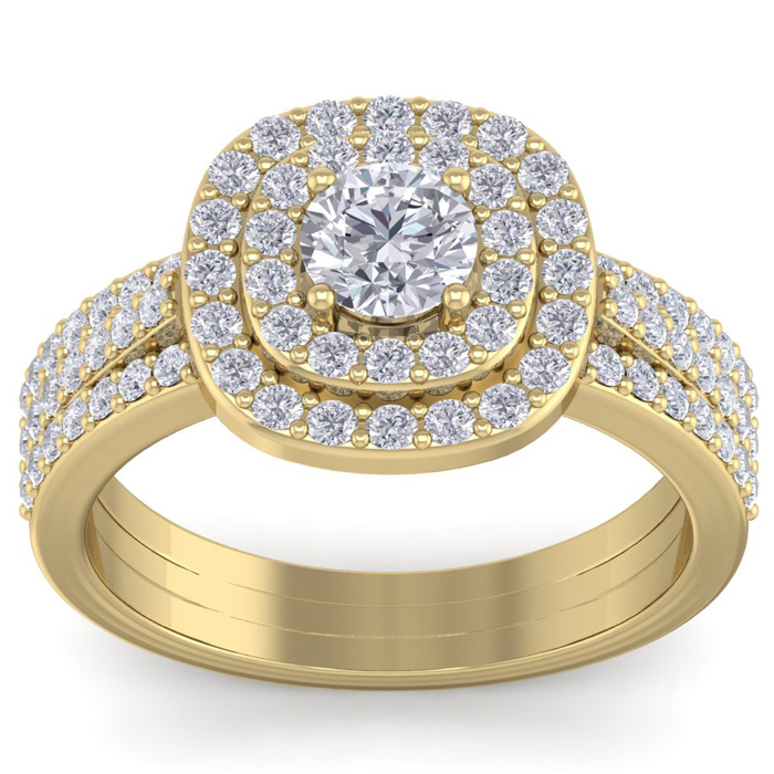 1.5 Carat Double Halo Diamond Engagement Ring in 14K Yellow Gold (4.40 g) (, I1-I2 Clarity Enhanced), Size 4 by SuperJeweler