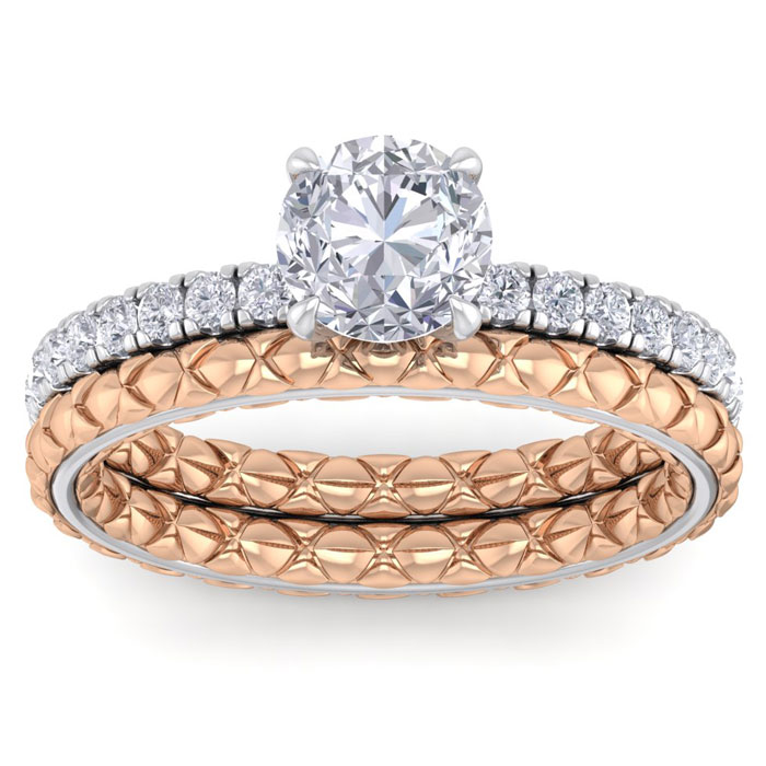 1.5 Carat Round Shape Diamond Bridal Ring Set in Quilted 14K White & Rose Gold (5 g) (, I1-I2 Clarity Enhanced), Size 4 by SuperJeweler