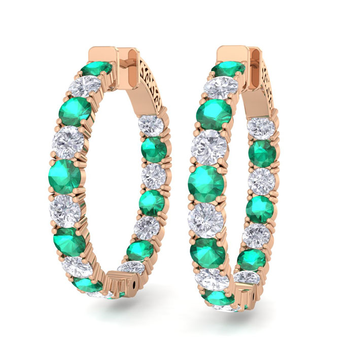 7 Carat Emerald Cut & Diamond Hoop Earrings In 14K Rose Gold (10 G), 1.25 Inch, J/K By SuperJeweler