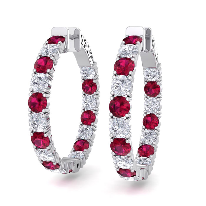 7 Carat Ruby & Diamond Hoop Earrings in 14K White Gold (10 g)  1.