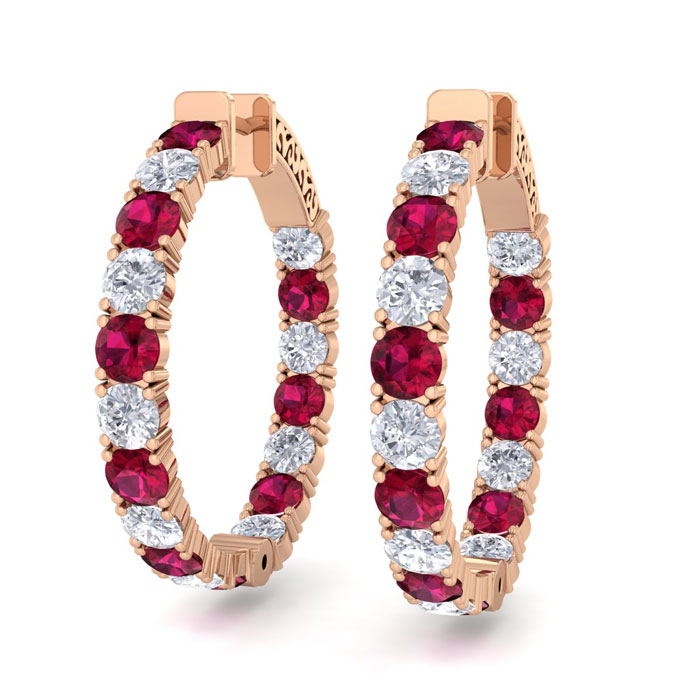 7 Carat Ruby & Diamond Hoop Earrings In 14K Rose Gold (10 G), 1.25 Inch, J/K By SuperJeweler