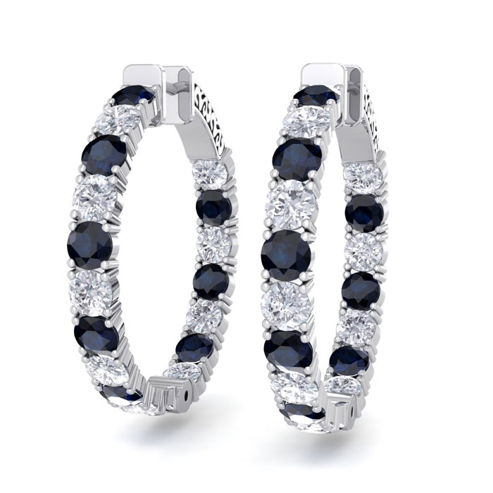 7 Carat Sapphire & Diamond Hoop Earrings In 14K White Gold (10 G), 1.25 Inch, J/K By SuperJeweler