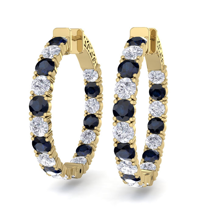 7 Carat Sapphire & Diamond Hoop Earrings In 14K Yellow Gold (10 G), 1.25 Inch, J/K By SuperJeweler