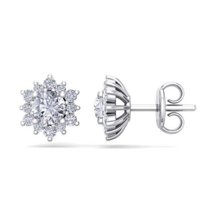 1 Carat Round Shape Flower Halo Diamond Stud Earrings In 14K White Gold (1.80 G), I/J By SuperJeweler