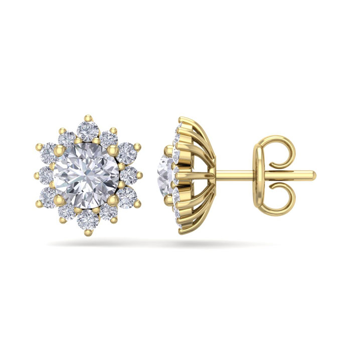 2 Carat Round Shape Flower Halo Diamond Stud Earrings in 14K Yellow Gold (2.20 g),  by SuperJeweler