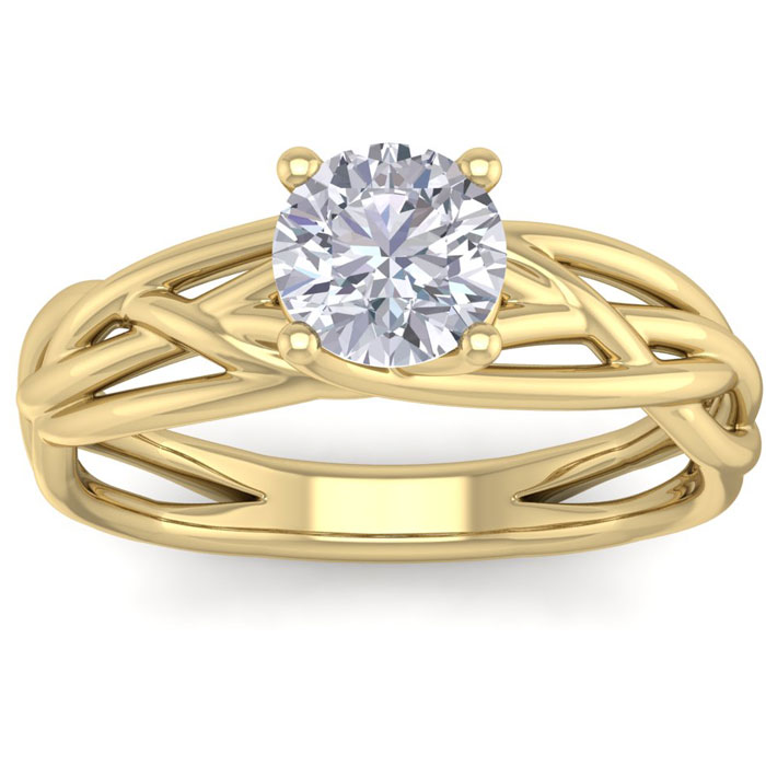 1 Carat Round Moissanite Solitaire Intricate Vine Engagement Ring in 14K Yellow Gold (5 g), E/F Color, Size 4 by SuperJeweler