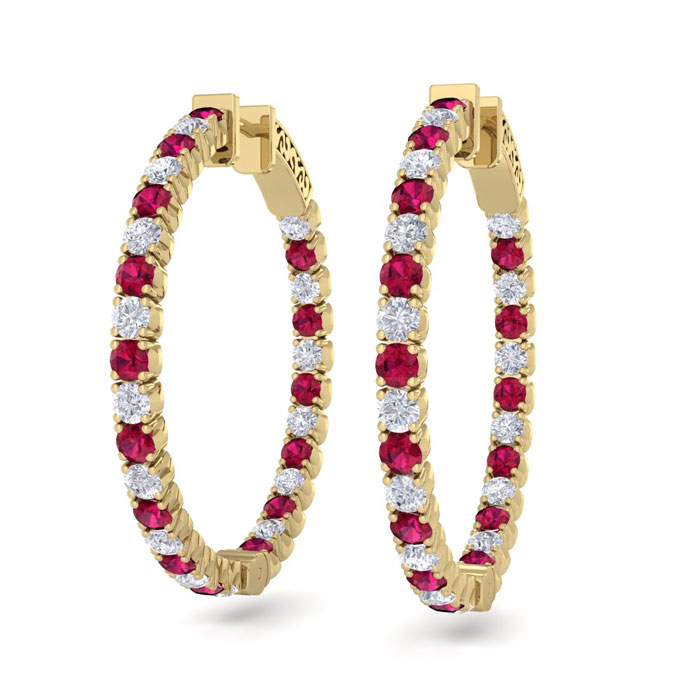 3 1/2 Carat Ruby & Diamond Hoop Earrings in 14K Yellow Gold (12 g)  1 Inch by SuperJeweler