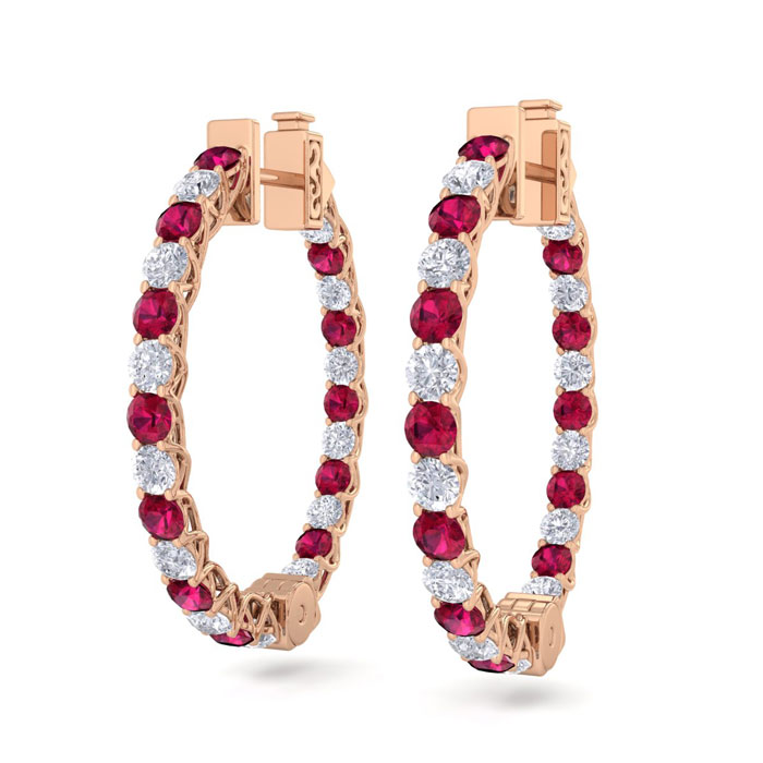 3 Carat Ruby & Diamond Hoop Earrings in 14K Rose Gold (7 g), 3/4 Inch,  by SuperJeweler