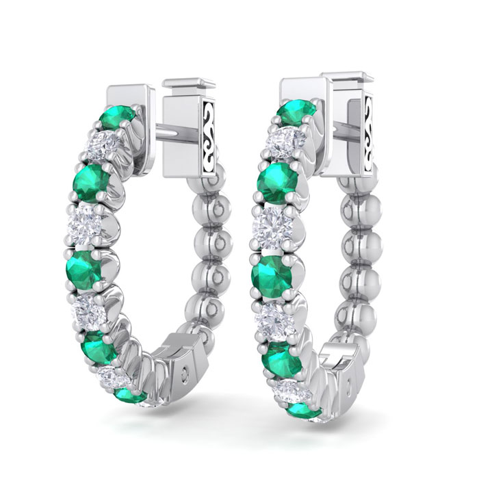 1/2 Carat Emerald Cut & Diamond Hoop Earrings in 14K White Gold (4.60 g), 1/2 Inch,  by SuperJeweler