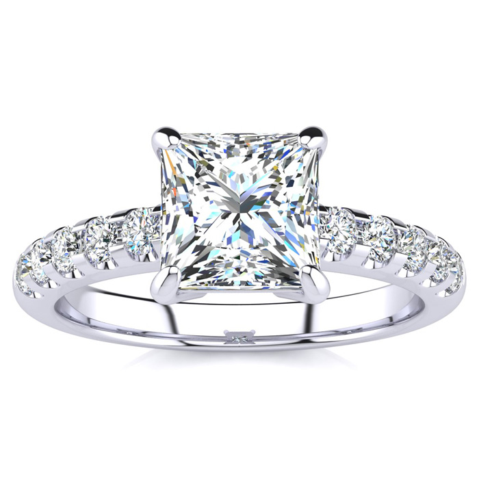 1 3/4 Carat Traditional Diamond Engagement Ring w/ 1.5 Carat Center Princess Cut Solitaire in 14K White Gold (4.5 g) (, I1-I2 Clarity Enhanced), Size