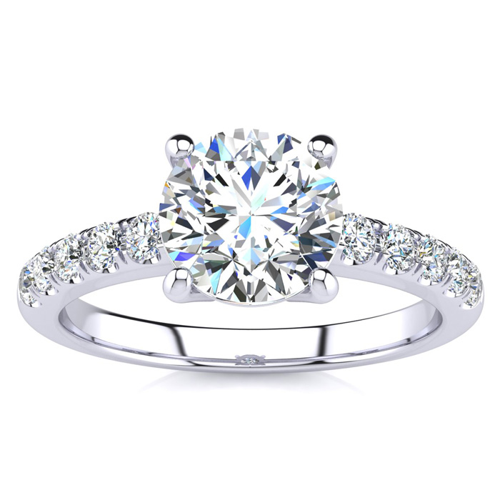 1 3/4 Carat Traditional Diamond Engagement Ring w/ 1.5 Carat Center Round Solitaire in 14K White Gold (4.5 g) (, I1-I2 Clarity Enhanced), Size 6.5 by