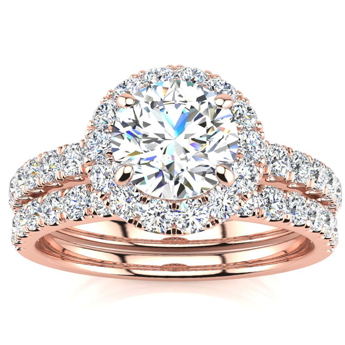 2 Carat Round Floating Halo Diamond Bridal Engagement Ring Set in 14k Rose Gold (7 g) (, I1-I2 Clarity Enhanced), Size 4 by SuperJeweler