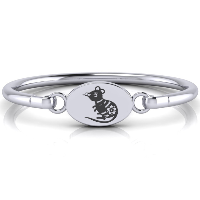 Ladies Oval Disc Bangle Bracelet in Stainless Steel, w/ Chinese New Year Rat Image, 7 Inch by SuperJeweler