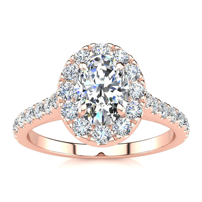 1 Carat Oval Shape Halo Diamond Engagement Ring In 14K Rose Gold (4.50 G) (H-I, SI2-I1) By SuperJeweler