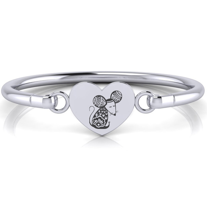 Ladies Heart Bangle Bracelet in Stainless Steel, w/ Chinese New Year Rat Image, 7 Inch by SuperJeweler