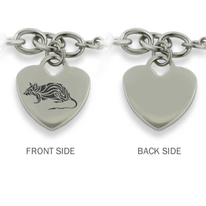 Ladies Dangling Single Heart Charm Bracelet in Stainless Steel w/ Free Chinese New Year Rat Image & Custom Engraving, 8 Inch by SuperJeweler