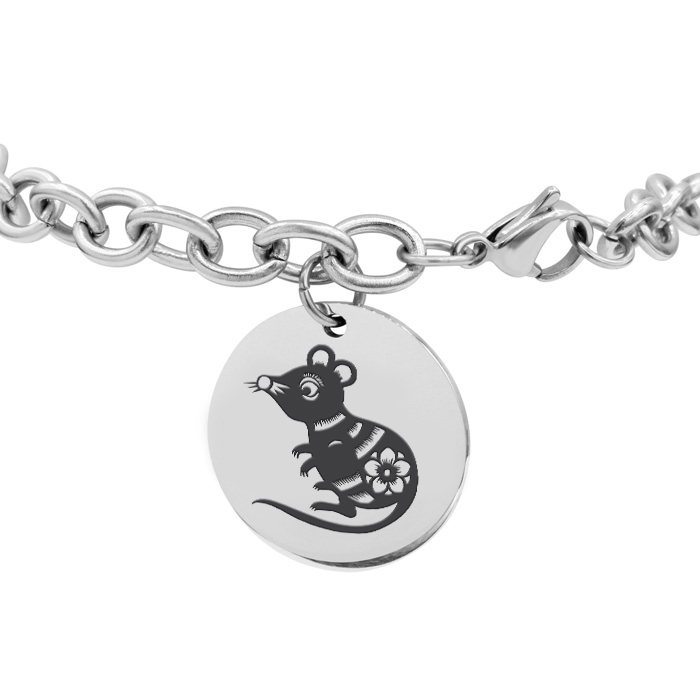 Ladies Dangling Circle Tag Bracelet in Stainless Steel, w/ Free Chinese New Year Rat Image & Custom Engraving, 7 Inch by SuperJeweler