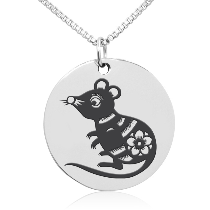 Ladies Disc Necklace in Stainless Steel, 16 Inches w/ Free Chinese New Year Rat Image & Custom Engraving by SuperJeweler