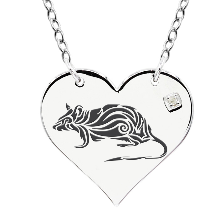 Sterling Silver Diamond Heart Necklace w/ Free Chinese New Year Rat Image & Custom Engraving, 18 Inches, G/H Color by SuperJeweler