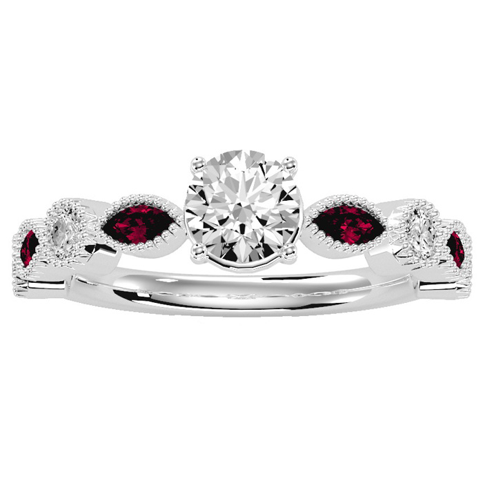 1.25 Carat Round & Marquise Vintage Diamond & Ruby Engagement Ring in 14K White Gold (3.90 g) (, SI2-I1), Size 4 by SuperJeweler