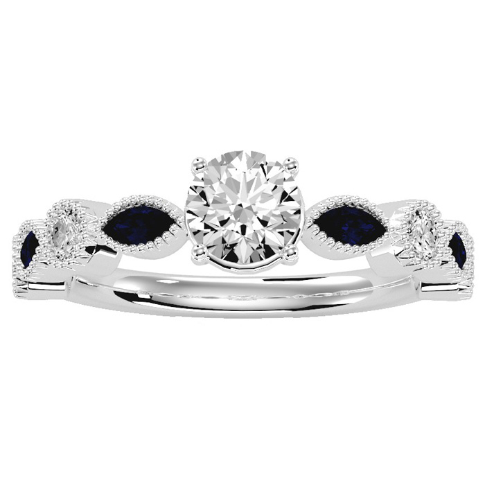 1.25 Carat Round & Marquise Vintage Diamond & Sapphire Engagement Ring in 14K White Gold (3.90 g) (, SI2-I1), Size 4 by SuperJeweler