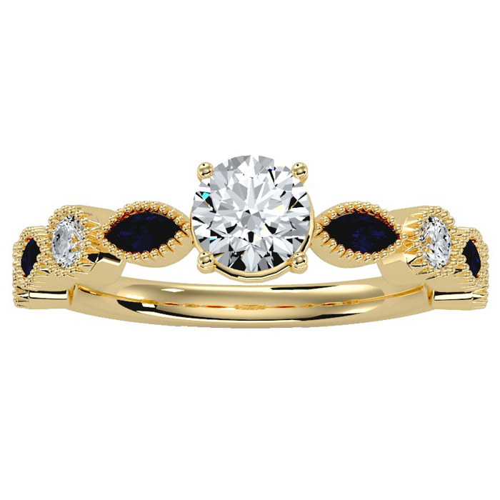 1.25 Carat Round & Marquise Vintage Diamond & Sapphire Engagement Ring in 14K yellow Gold (3.90 g) (, SI2-I1), Size 4 by SuperJeweler