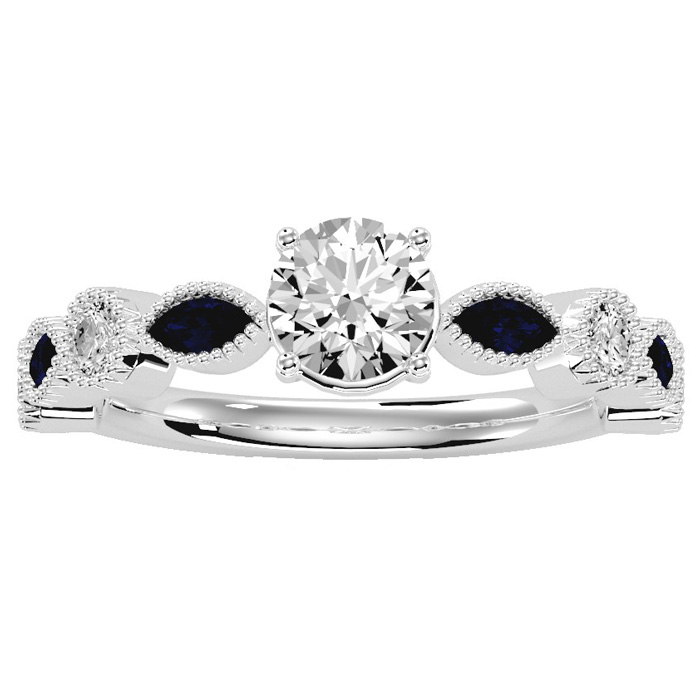 1.25 Carat Round & Marquise Vintage Diamond & Sapphire Engagement Ring in 14K White Gold (3.90 g) (I-J, I1-I2 Clarity Enhanced), Size 4 by