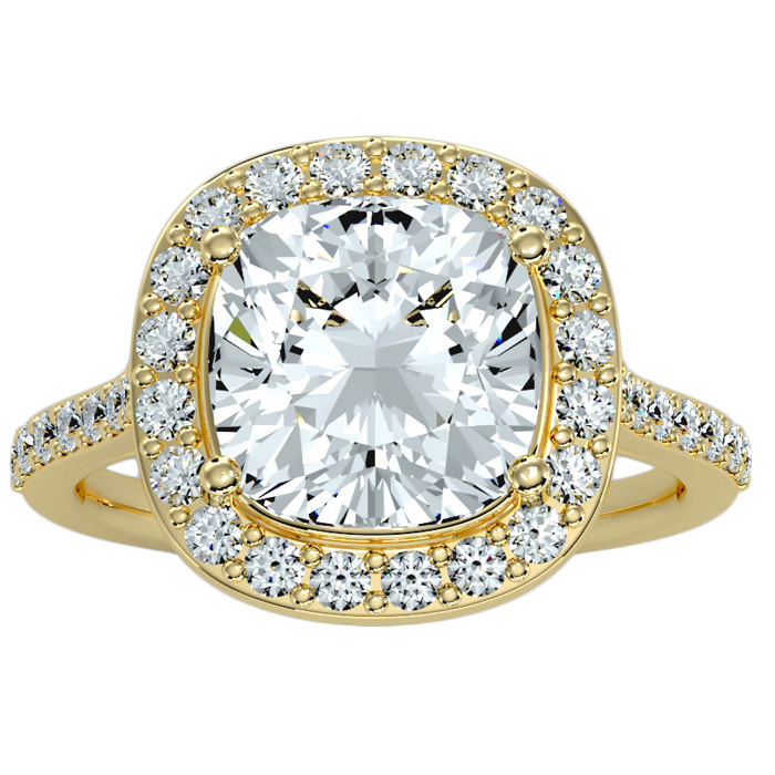 5 Carat Cushion Cut Halo Diamond Engagement Ring in 14K yellow Go