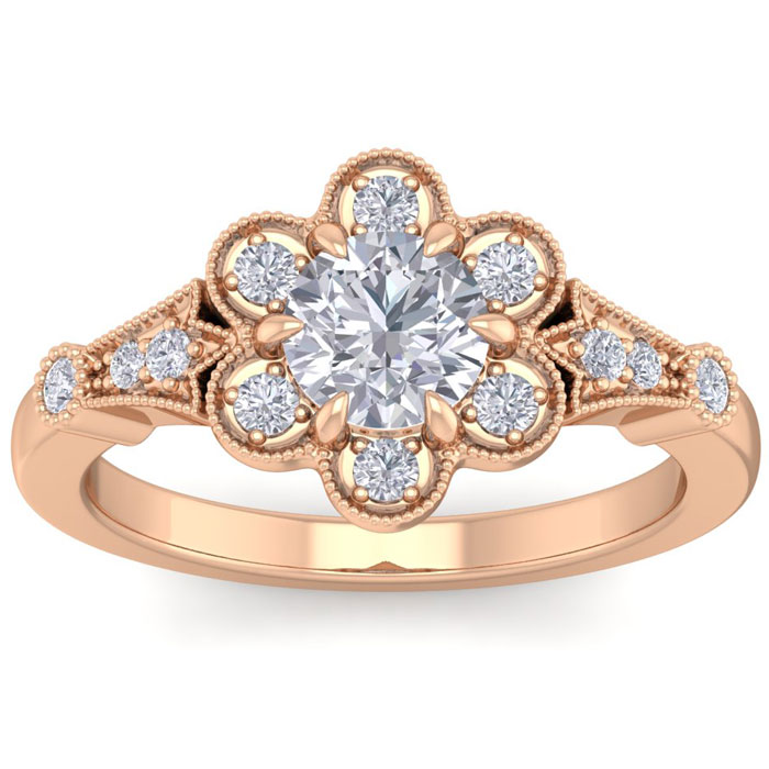 1 Carat Round Shape Moissanite Vintage Engagement Ring in Rose Gold (5 g) Over Sterling Silver, , Size 5 by SuperJeweler