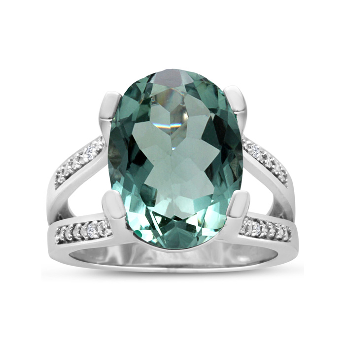 5 1/2 Carat Oval Shape Green Amethyst & 4 Diamond Ring Crafted in Solid Sterling Silver, , Size 6 by SuperJeweler