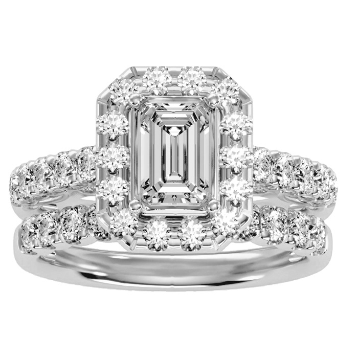 3 Carat Emerald Cut Halo Diamond Bridal Ring Set in 14K White Gold (7 g) (