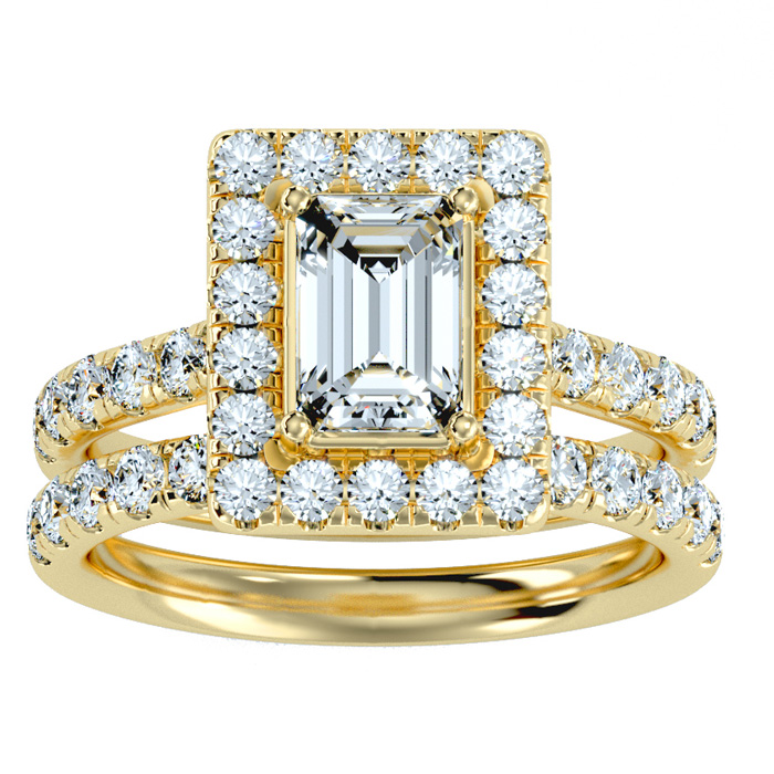 3 Carat Emerald Cut Halo Diamond Bridal Ring Set in 14K yellow Gold (7 g) (