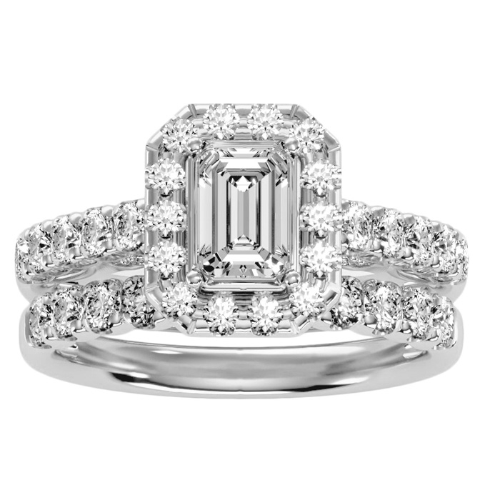 2.5 Carat Emerald Cut Halo Diamond Bridal Ring Set in 14K White Gold (6.50 g) (