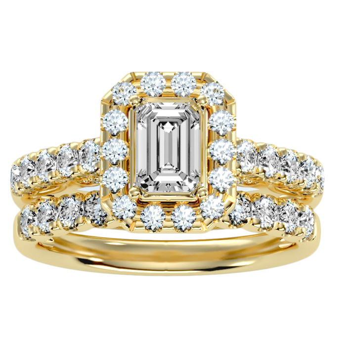 2.5 Carat Emerald Cut Halo Diamond Bridal Ring Set in 14K yellow 