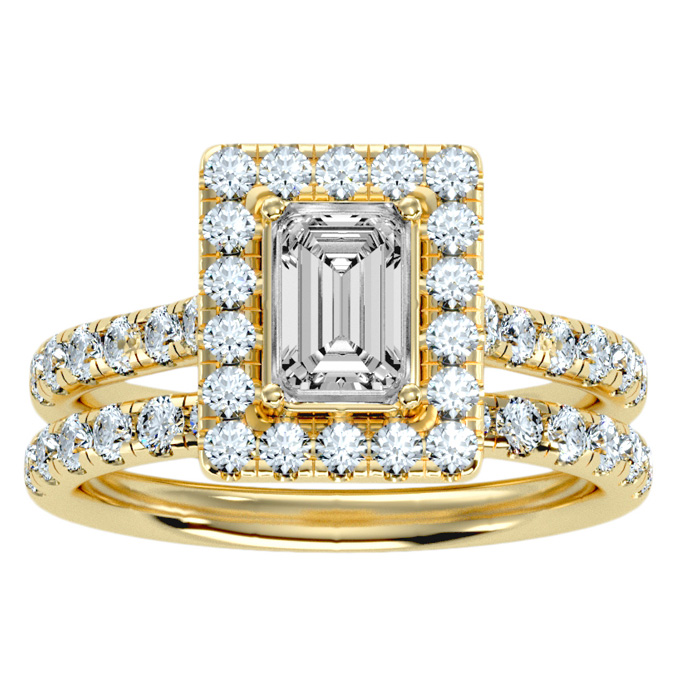 2.5 Carat Emerald Cut Halo Diamond Bridal Ring Set in 14K yellow Gold (6.30 g) (