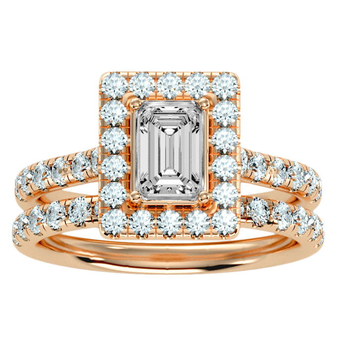 2.5 Carat Emerald Cut Halo Diamond Bridal Ring Set in 14K rose Gold (6.30 g) (
