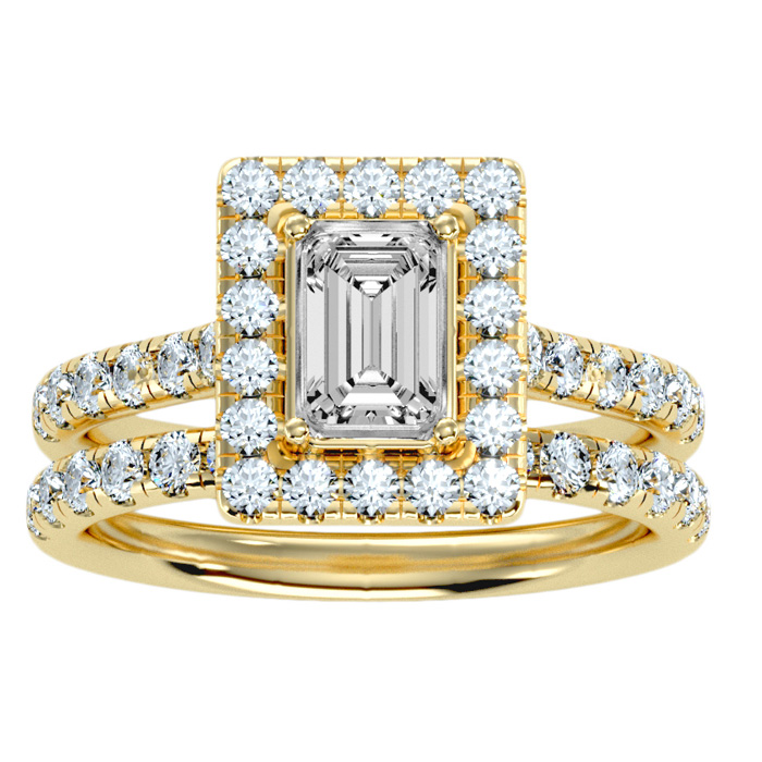 2.5 Carat Emerald Cut Halo Diamond Bridal Ring Set in 14K yellow 