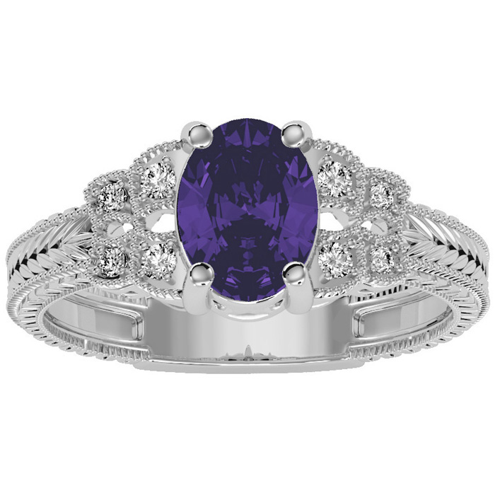 1 Carat Oval Shape Amethyst & 8 Diamond Ring in White Gold (3.50 g), , Size 4 by SuperJeweler