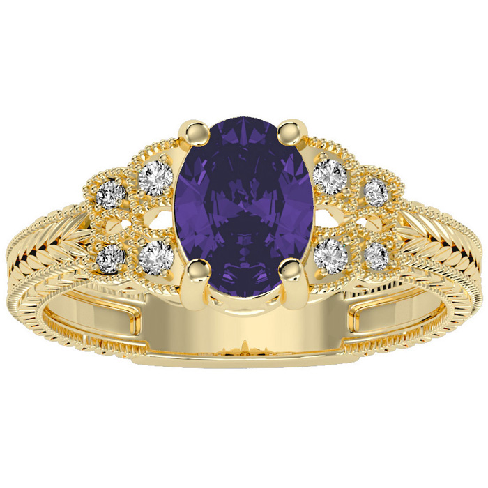 1 Carat Oval Shape Amethyst & 8 Diamond Ring in Yellow Gold (3.50 g), , Size 4 by SuperJeweler