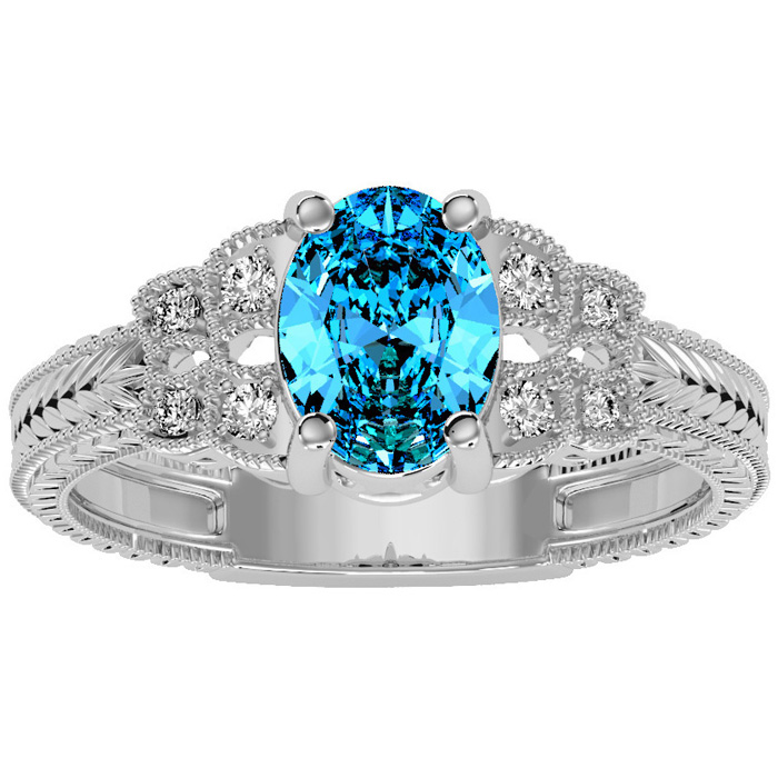 1 Carat Oval Shape Blue Topaz & 8 Diamond Ring in White Gold (3.50 g), , Size 4 by SuperJeweler