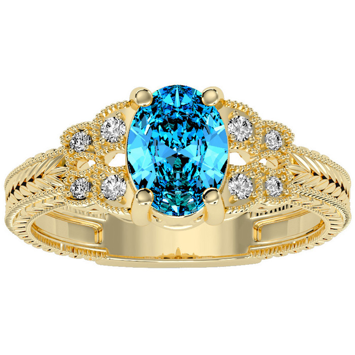 1 Carat Oval Shape Blue Topaz & 8 Diamond Ring in Yellow Gold (3.50 g), , Size 4 by SuperJeweler