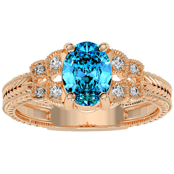 1 Carat Oval Shape Blue Topaz & 8 Diamond Ring in Rose Gold (3.50 g), , Size 4 by SuperJeweler