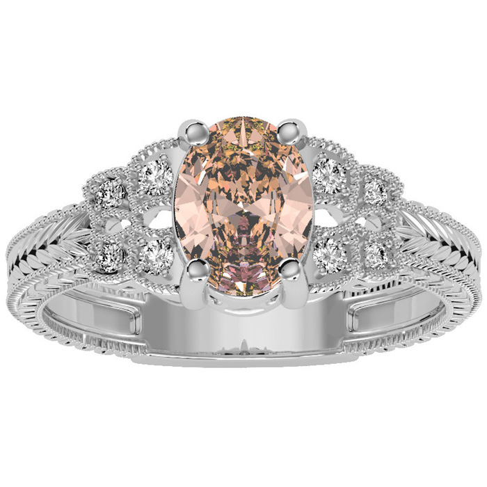 1.25 Carat Oval Shape Morganite & 8 Diamond Ring in White Gold (3.50 g), , Size 4 by SuperJeweler