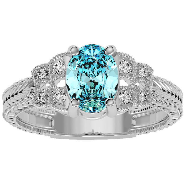 1.25 Carat Oval Shape Aquamarine & 8 Diamond Ring in White Gold (3.50 g), , Size 4 by SuperJeweler