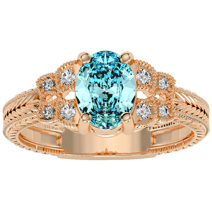 1.25 Carat Oval Shape Aquamarine & 8 Diamond Ring in Rose Gold (3.50 g), , Size 4 by SuperJeweler